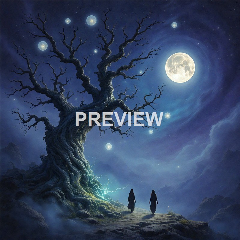 A dark, twisted, leafless tree stands on a rocky landscape under a night sky illuminated by a large full moon and several smaller celestial bodies, with two figures walking toward the tree.